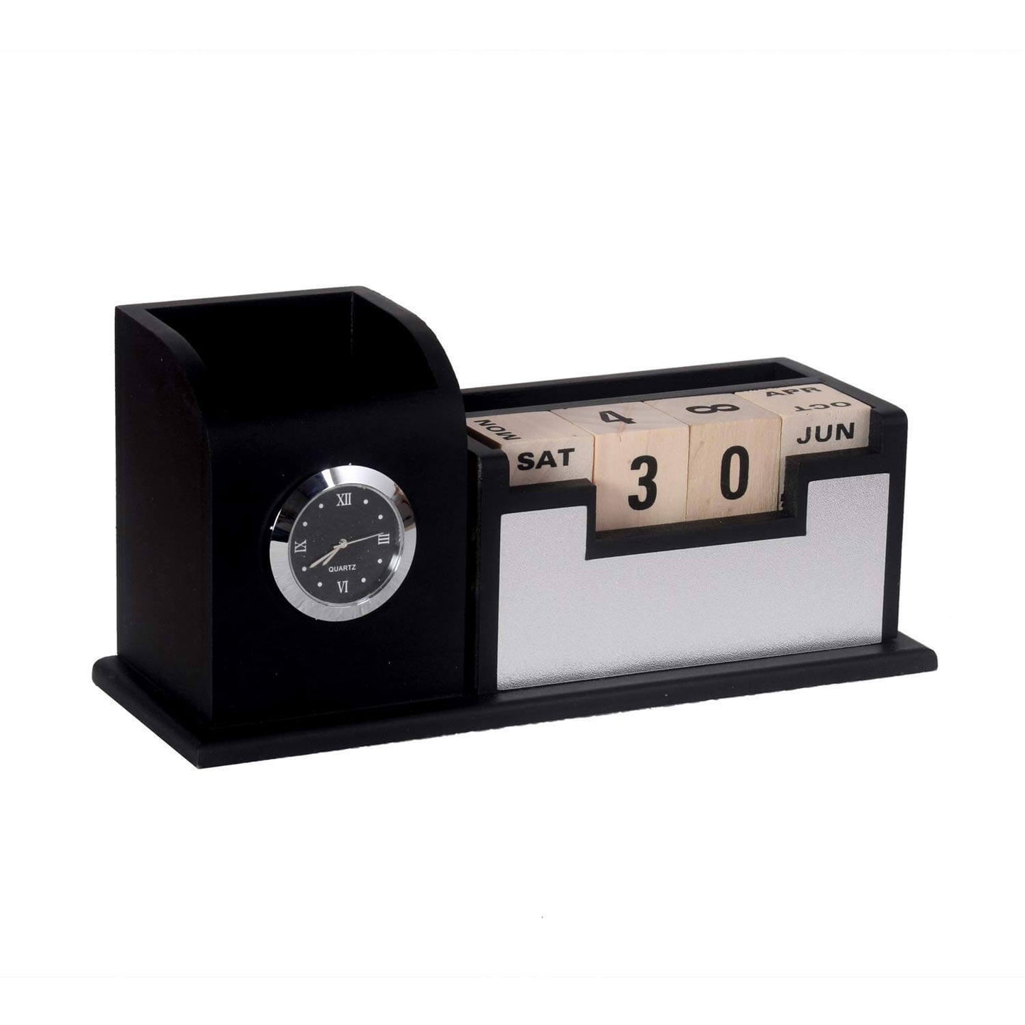 Personalised Gift, Name Printed, Wooden Pen Stand Clock With Calendar