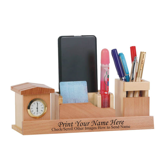Wooden Pen Holder With Clock, Card, Mobile Holder.