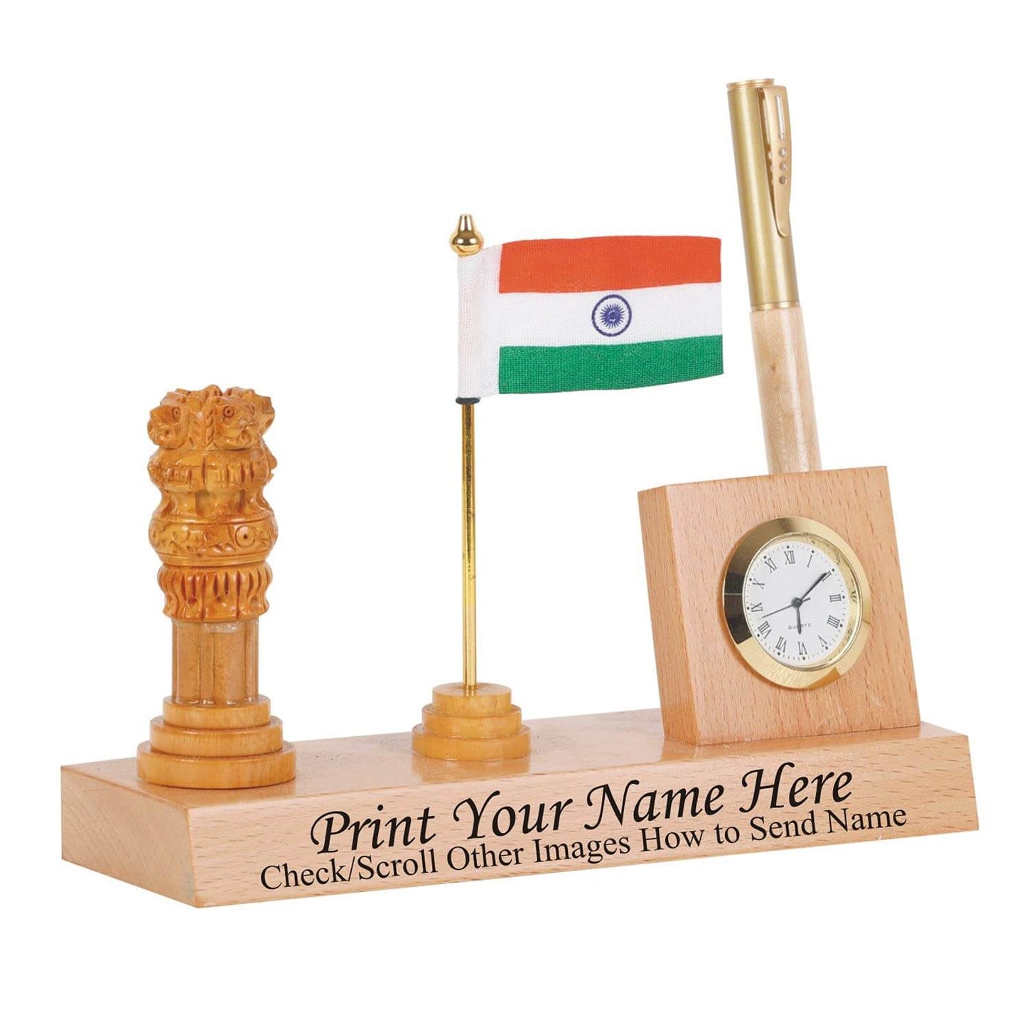 Wooden Handmade Pen Holder Ashoka Pillar Indian Flag