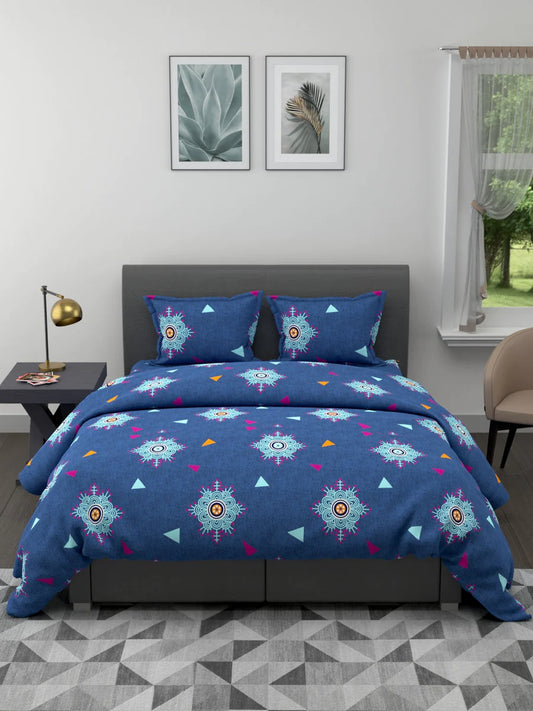 Extra Smooth Double Comforter With 1 Double Bedsheet 2 Pillow Covers, For Ac Room (geometric-navy/blue)
