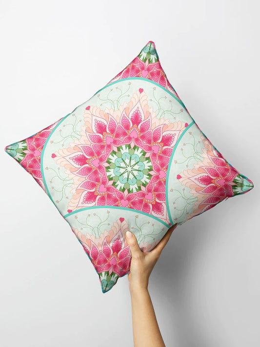 Designer Reversible Printed Silk Linen Cushion Covers (floral-dots-coral/teal)