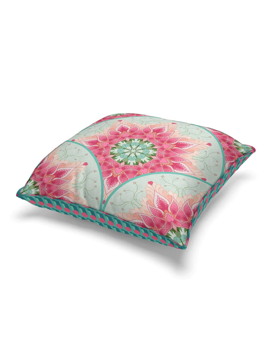 Designer Reversible Printed Silk Linen Cushion Covers (floral-dots-coral/teal)