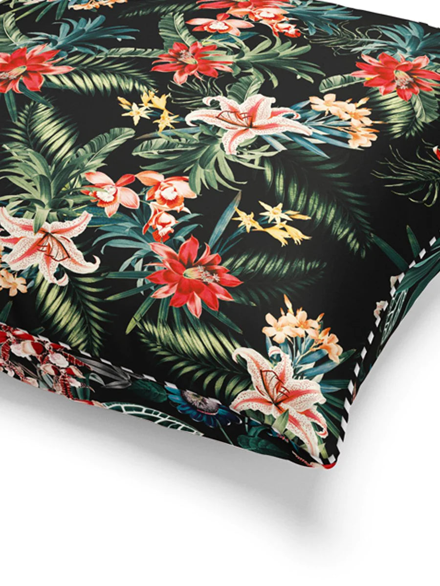 Designer Reversible Printed Silk Linen Cushion Covers (floral-black/green)