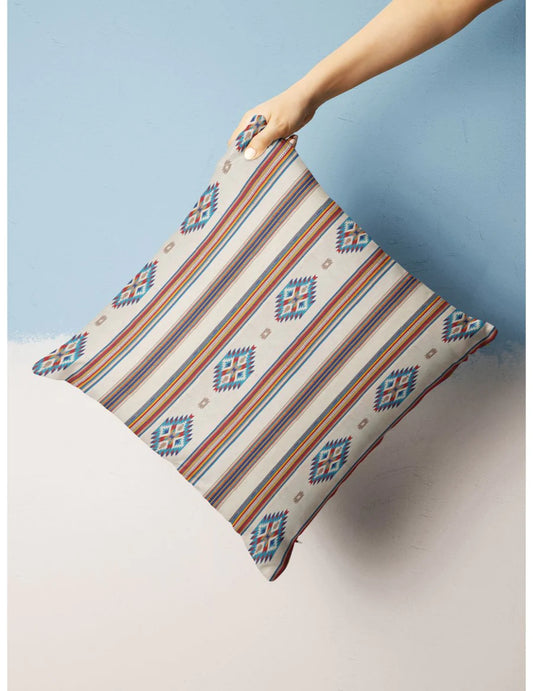 Decorative Hand Loom Cotton Jute Cushion Covers (ornamental-blue/orange)