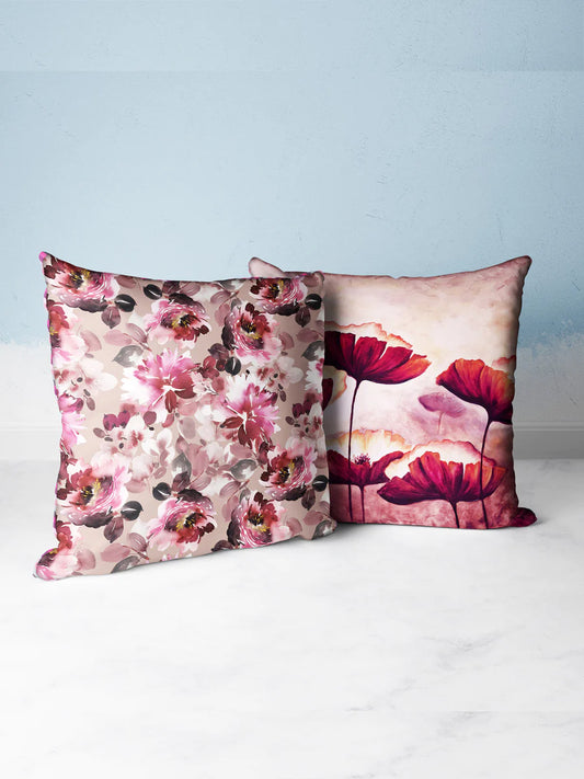 Designer Reversible Printed Silk Linen Cushion Covers (floral-wine/plum)