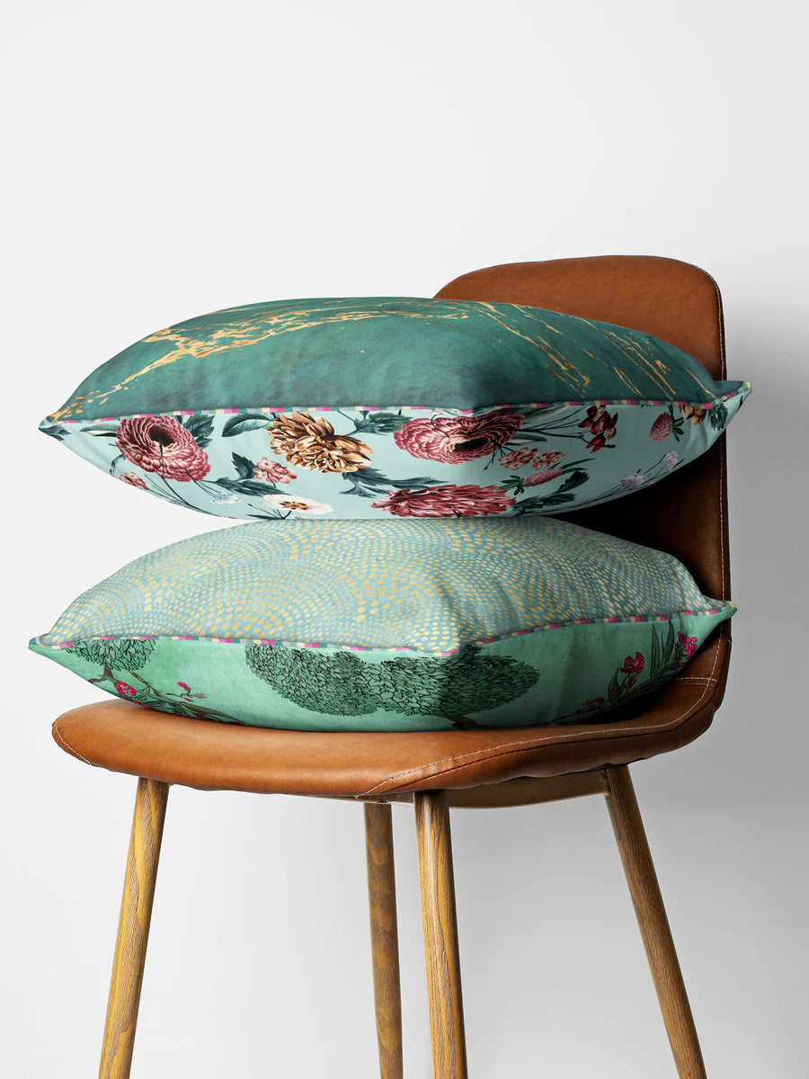 Designer Reversible Printed Silk Linen Cushion Covers (floral-abstract-mint/teal)