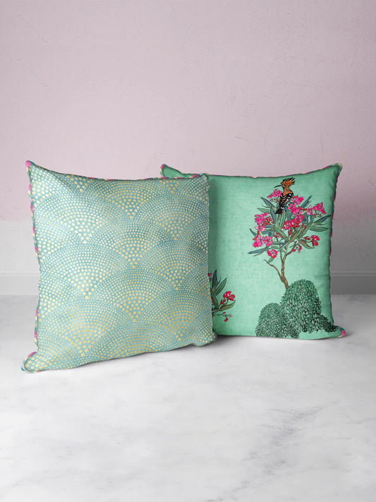 Designer Reversible Printed Silk Linen Cushion Covers (floral-ornamental-mint/teal)