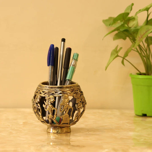 Dhokra Art Brass Pen Holder Marching (Golden, 3.5 inch)