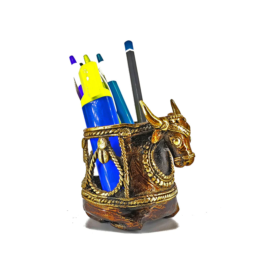 Handmade Brass Dhokra Art Bull Head Design Pen Holder (Bronze color, 3.5 inch)
