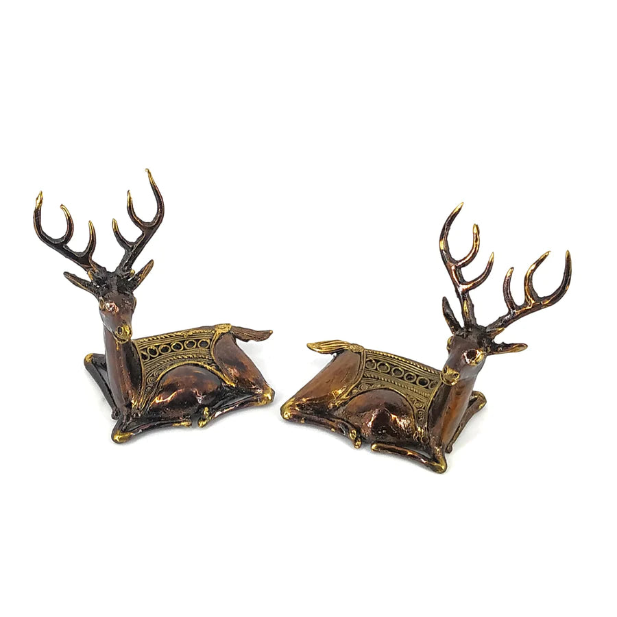 Tribal Art Brass Deer Duo Resting (Bronze color, 4 inch)