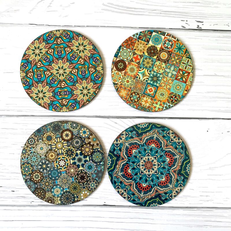 Printed Handmade MDF Tea Coasters(Set of 4) Round & Square Designs