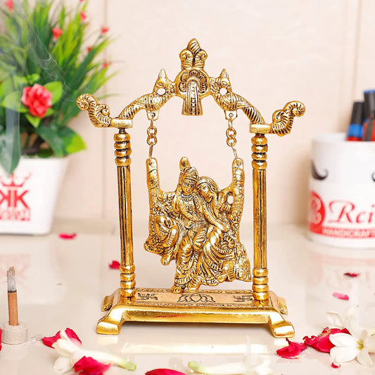 Radha Krishna Playing Flute Under Tree Idol Gold Antique Finish for Home