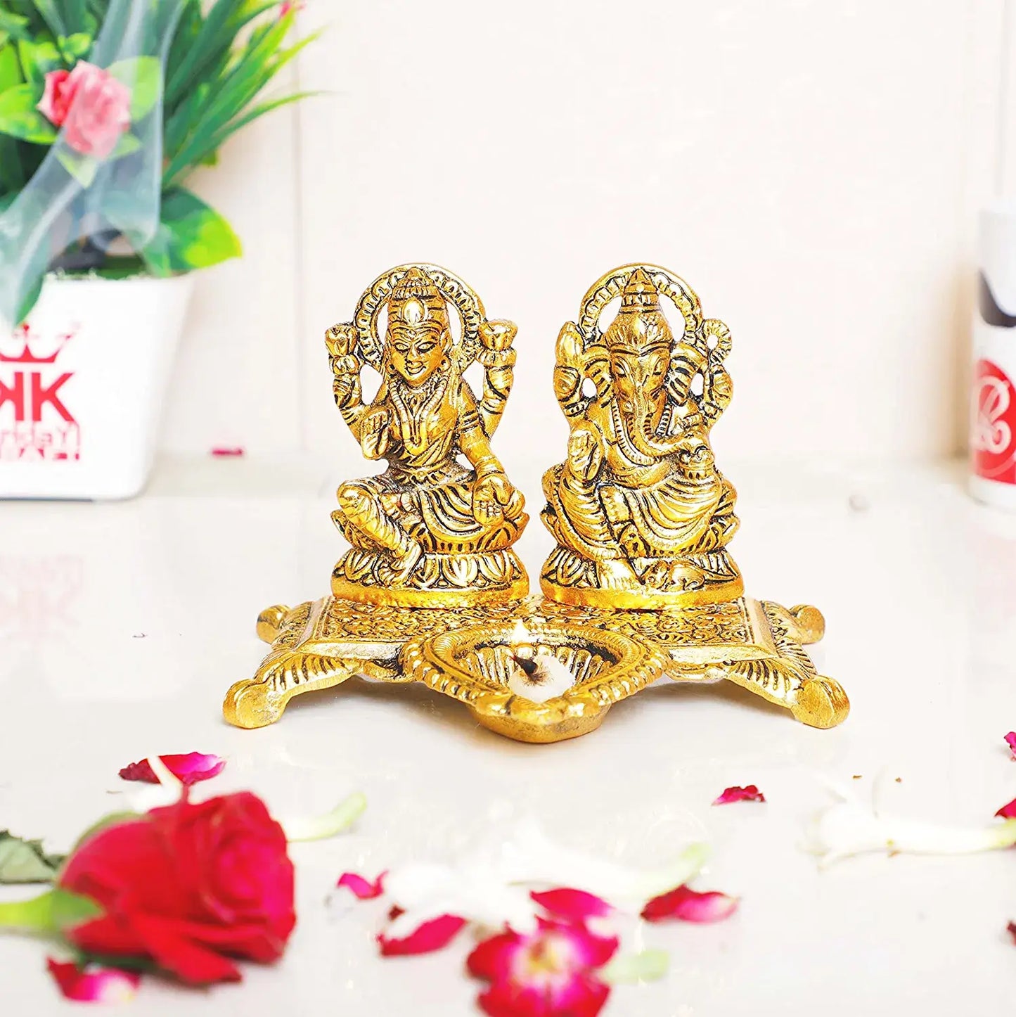 White Metal Gold Plated Diwali Laxmi Ganesh Chocki God Idol with Metal OM Shape Incense Stick Holder