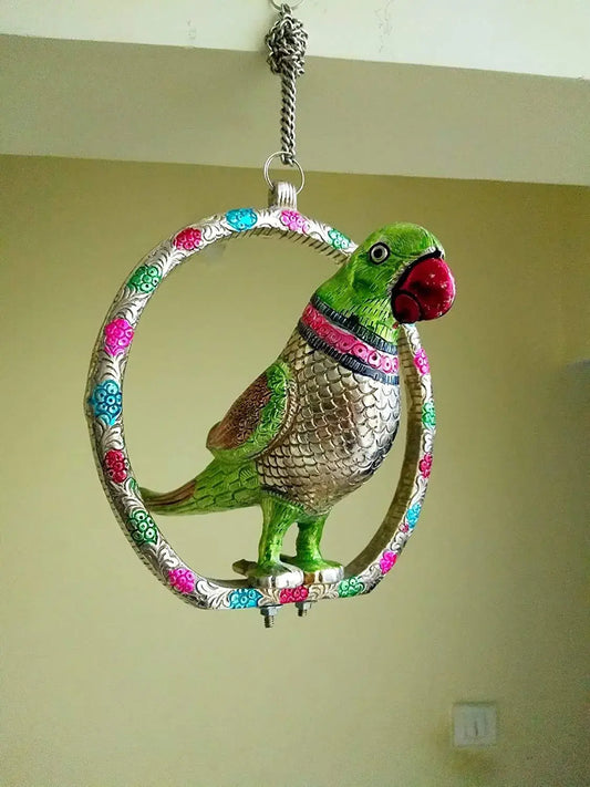 White Metal Green Showpiece Hanging Parrot with Chain