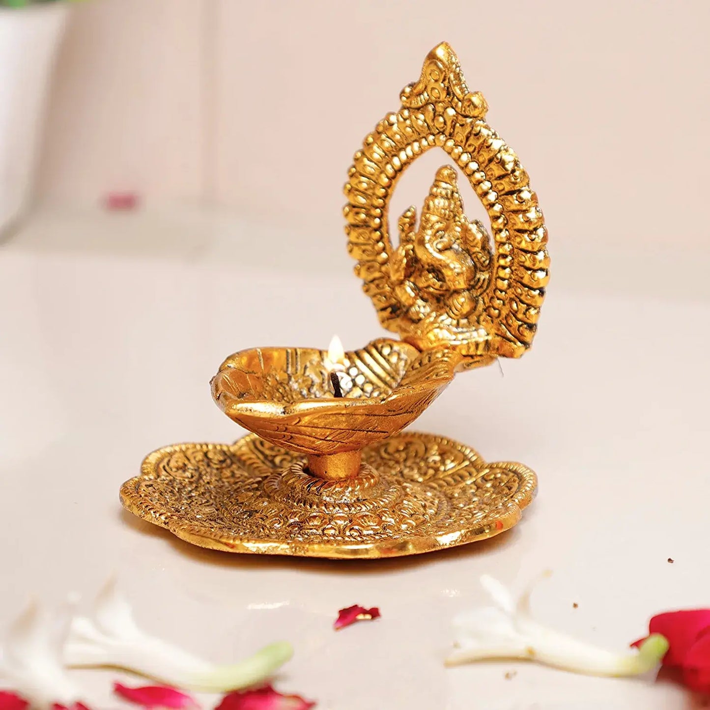 Aluminium Metal Ganesh Diya with Swastik Engraved in Hand Hath Deepak Ganesh Gold Plated