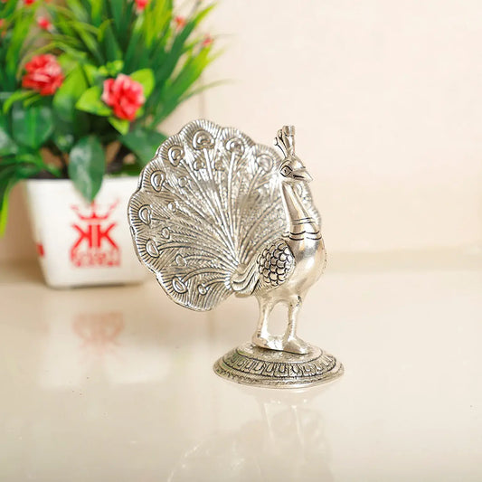 Peacock Metal Statue,Silver Plated Peacock Showpiece Idol for Home Decoration