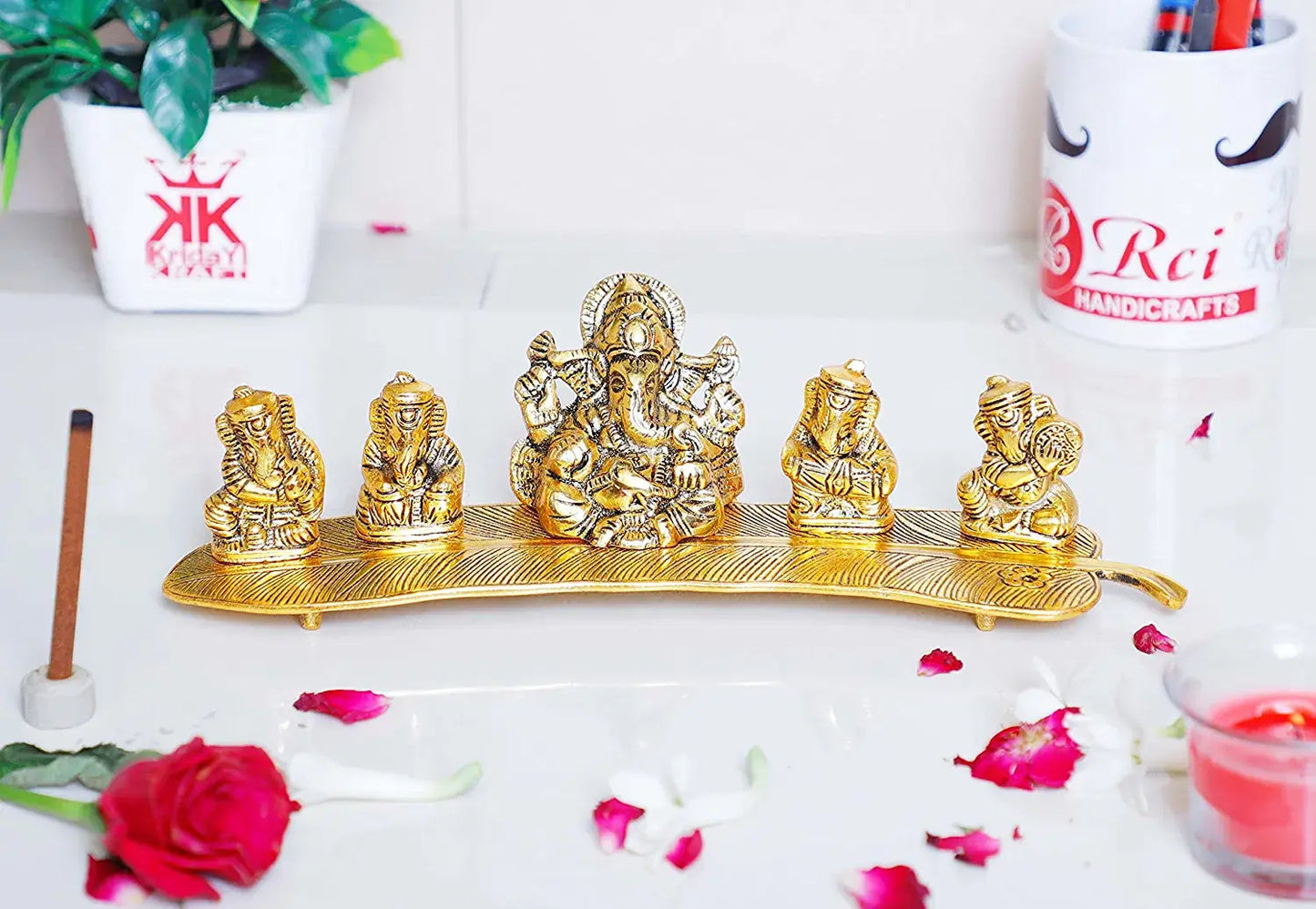 White Metal Gold Plated Ganesha on Leaf with Musical Instrument Statue
