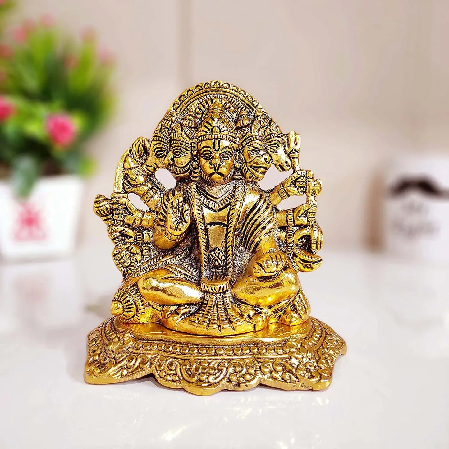Metal Panchmukhi Hanuman ji Showpiece Figurines (Medium size, Golden)