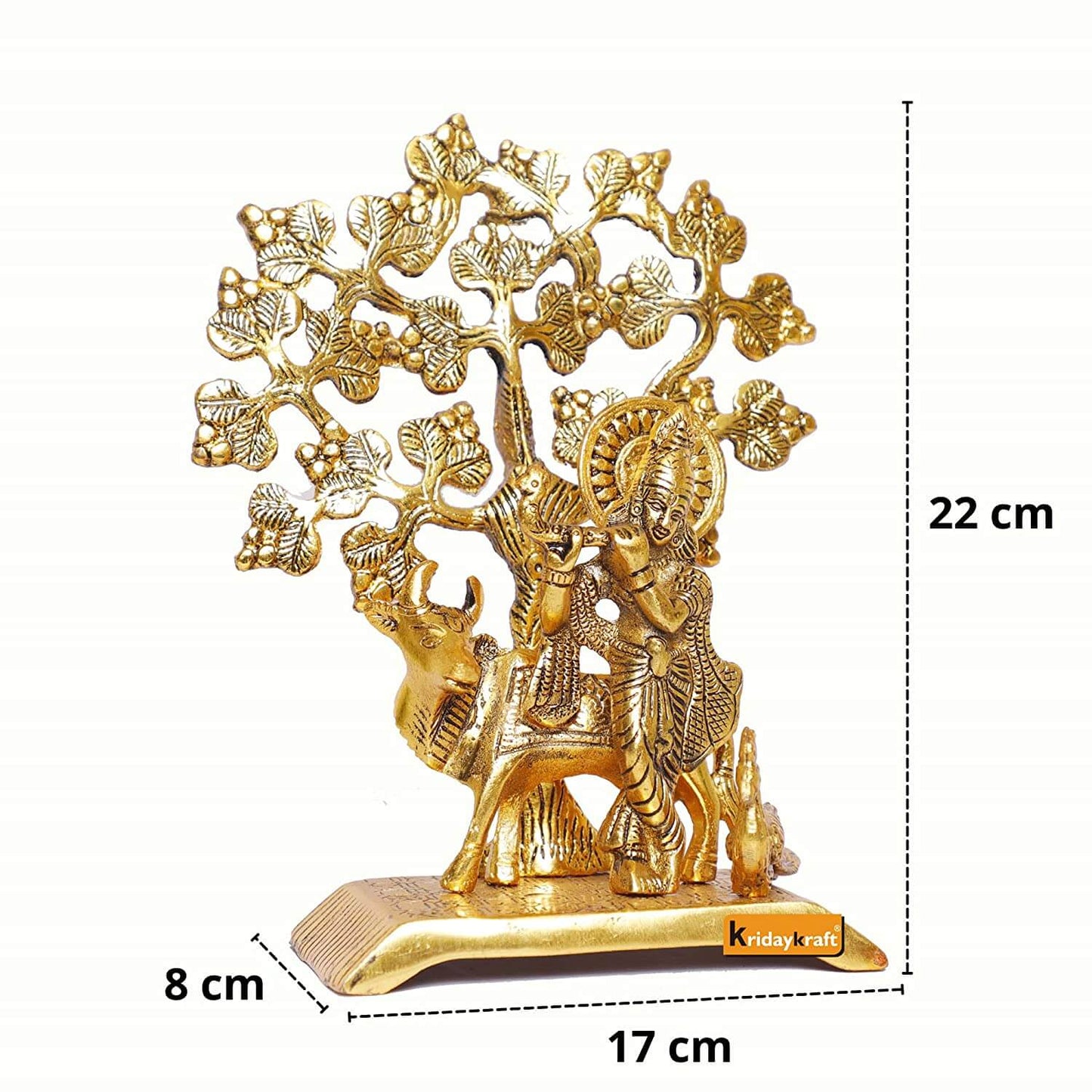 Metal Krishna Idol Statue with kamdhenu Cow Standing Under Tree Showpiece