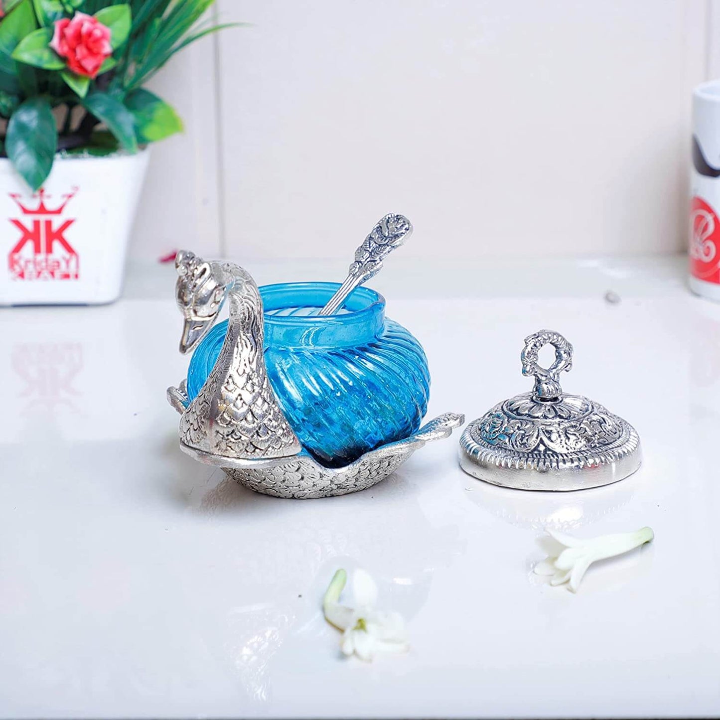 Metal Duck Shape Glass Bowl with Spoon for Saunf Supari & Dry Fruit Bowl