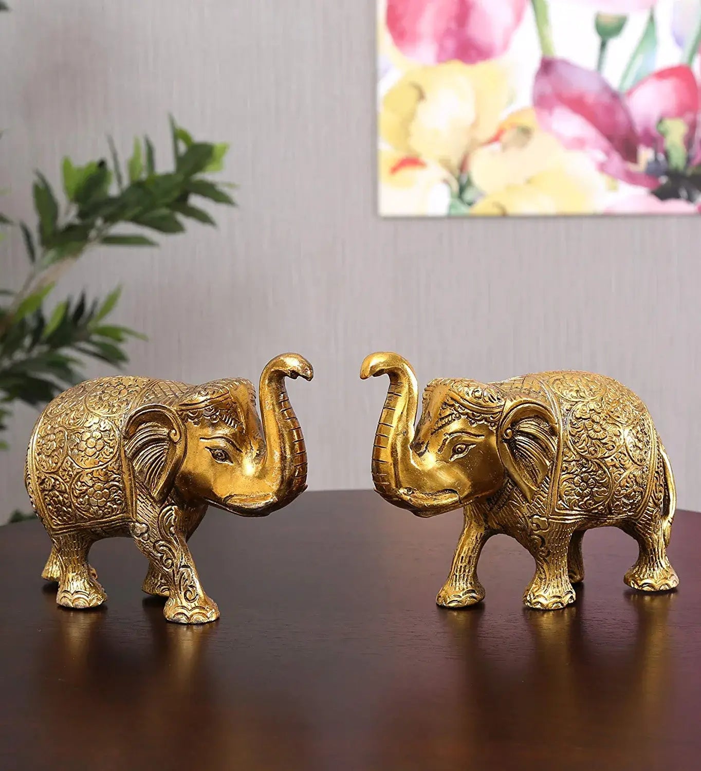 Metal Elephant Statue Medium Size Gold Polish 2 pcs Set for Showpiece