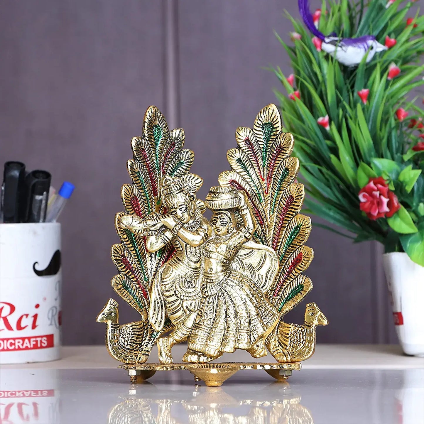 Radha Krishna Metal Statue with Diya for Pooja