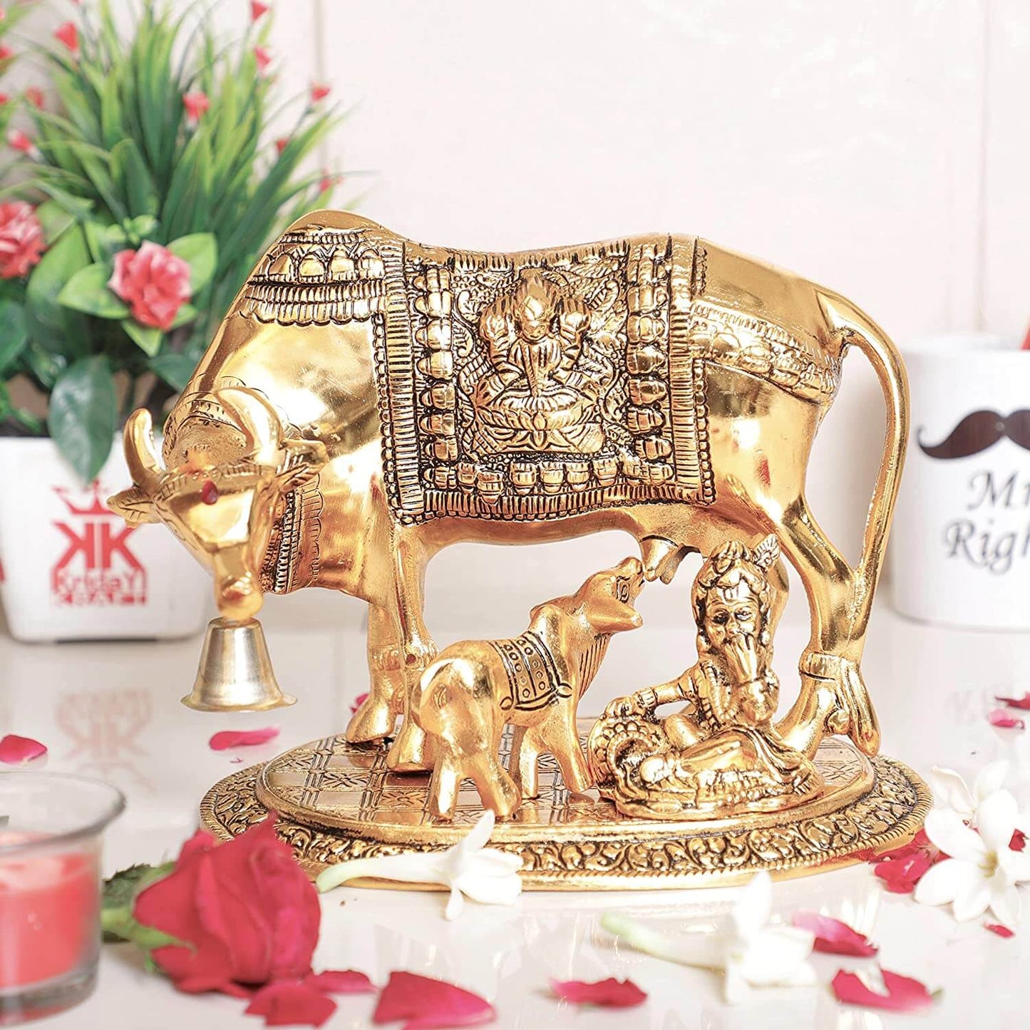 Metal Kamdhenu Cow, Calf with Bal Gopal Krishna Statue for Good Luck (Gold, Standard)