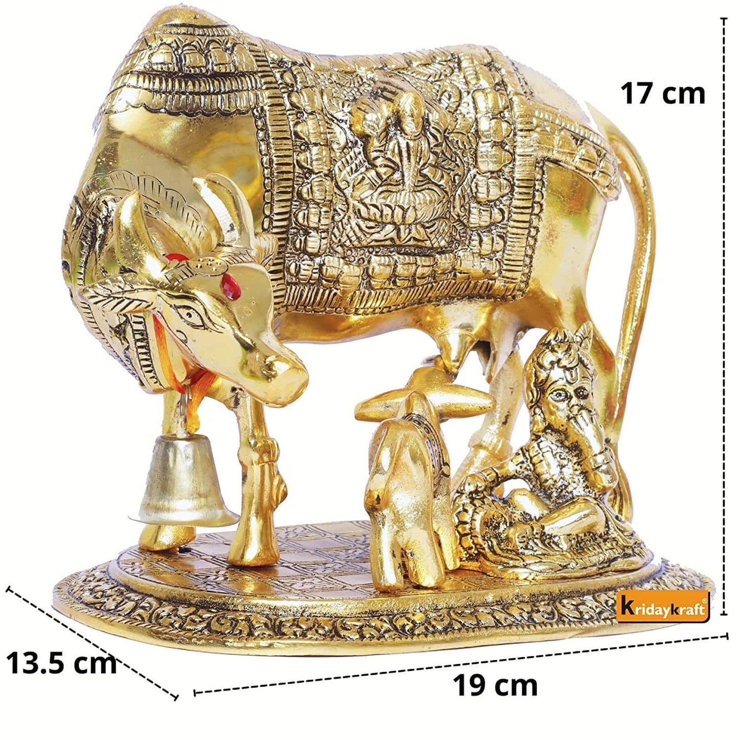 Metal Kamdhenu Cow, Calf with Bal Gopal Krishna Statue for Good Luck (Gold, Standard)