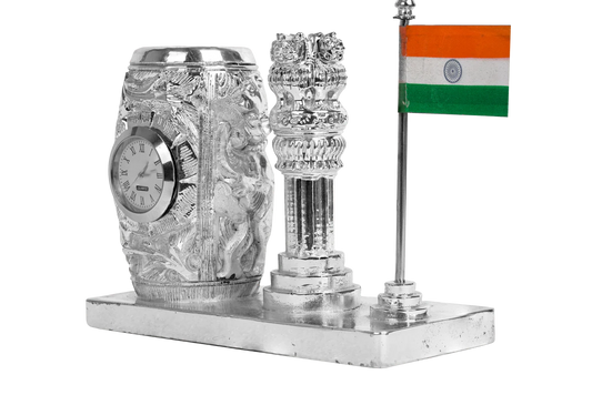 Penholder Silver Plated with Ashok Stambh and Indian Flag