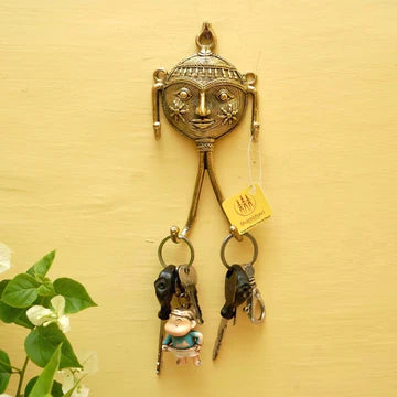 Dhokra Art Brass Mask Key Hanger (Golden, 2 x 6 inch)
