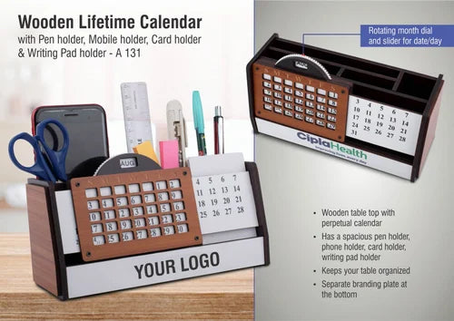 Wooden Lifetime Calendar With Pen Holder, Mobile Holder, Card Holder And Writing Pad Holder