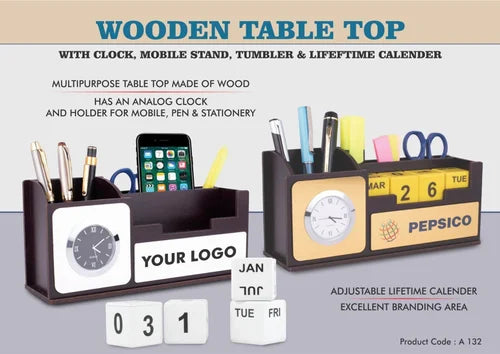 Wooden Table Top Lifetime Calendar with Clock, Mobile Stand & Tumbler