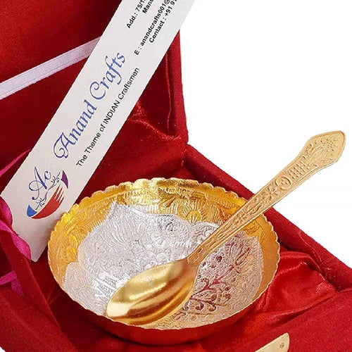 Crafts Gold And Silver Plated German Silver Bowl Spoon Set