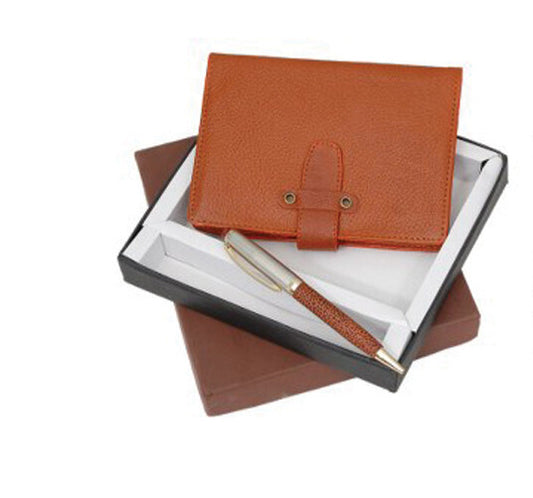 2 IN 1 SET ( TAN LEATHER) NOTE PAD PEN BOX