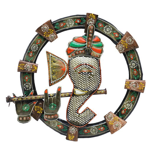 Metal Art Ganesha Playing Flute Wall Hanging Decorative Showpiece
