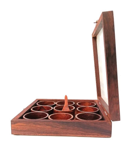 Wooden spices box 9 round box with spoon