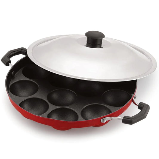 12 Cavity Aluminium Red Appam Patra with Stainless Steel Lid