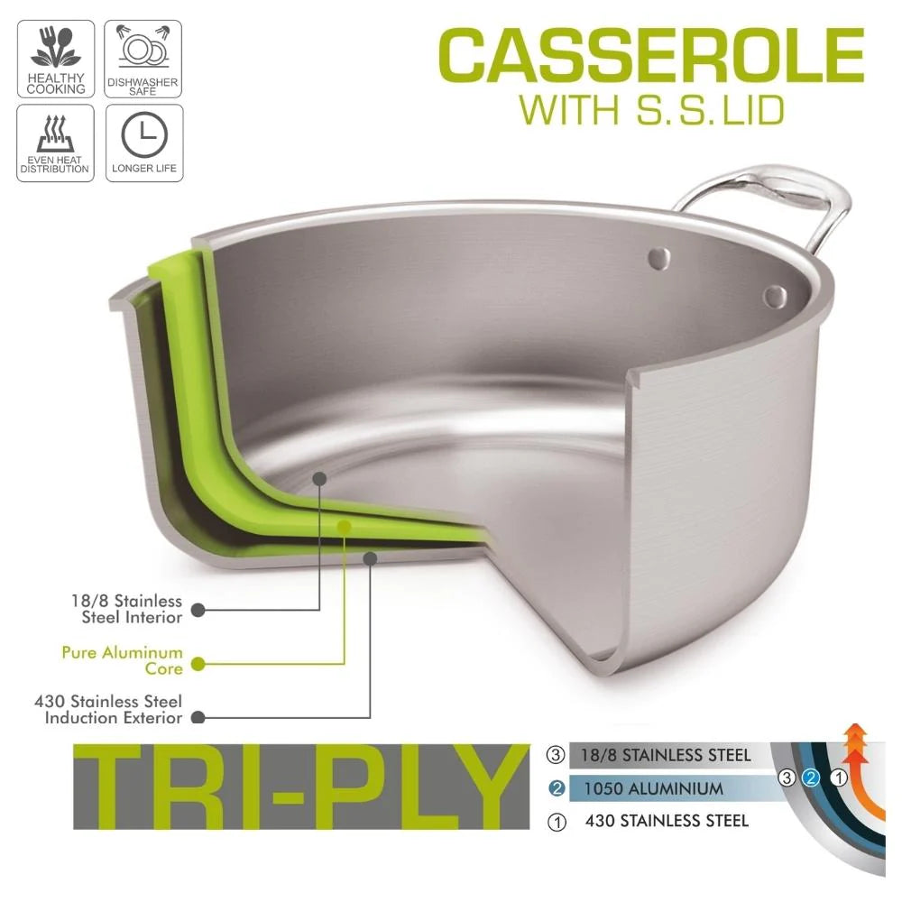 Triply Stainless Steel Induction Base Casserole with Stainless Steel Lid with Mirror Finish
