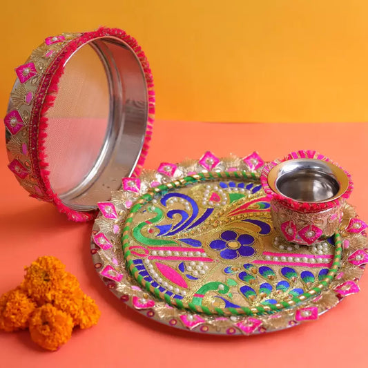 Royals of Sawaigarh Pink Meenakari Designer Karwa Chauth Thali Set Stainless Steel  (1 Pieces, Multicolor)