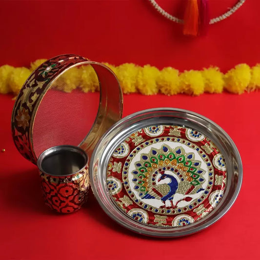 Royals of Sawaigarh Peacock Designer Karwa Chauth Thali Set Stainless Steel  (1 Pieces, Multicolor)