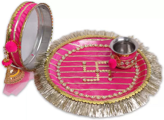 Royals of Sawaigarh Designer Swastik Karwa Chauth Thali Set Stainless Steel  (1 Pieces, Pink)