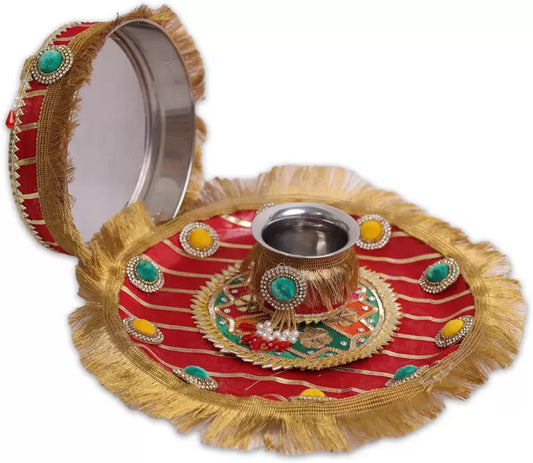 Royals of Sawaigarh Multicolor Designer Karwa Chauth Thali Set Stainless Steel  (3 Pieces, Multicolor)