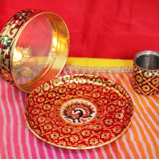 Royals of Sawaigarh Meenakari Designer Printed Thali Set Stainless Steel  (1 Pieces, Multicolor)