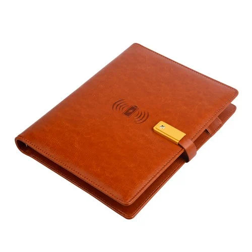 Light Tan Leather Finished 8000mAh Wireless Power bank Diary with 16gb Pendrive