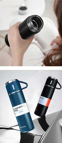 Stainless Steel Vacuum Flask Set with 3 Steel Cups Combo