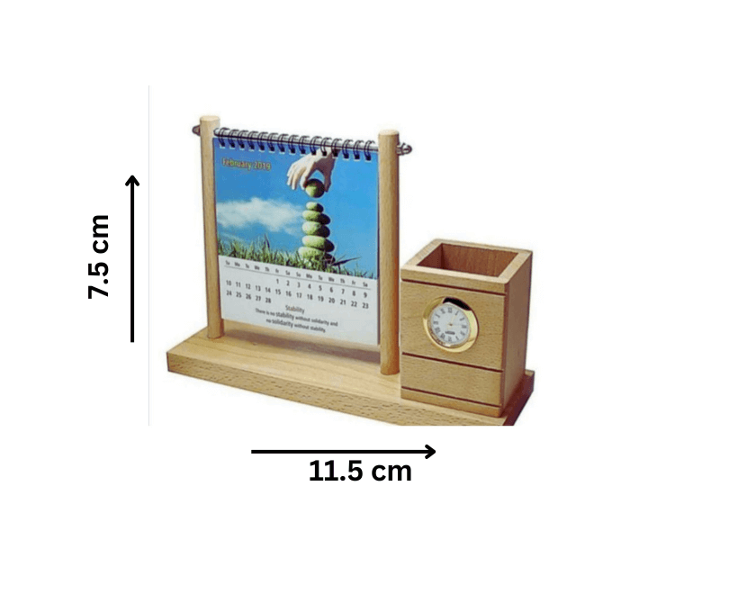 Wooden pen stand clock with calendar for office