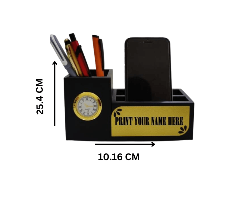 Wooden pen holder with calender and clock