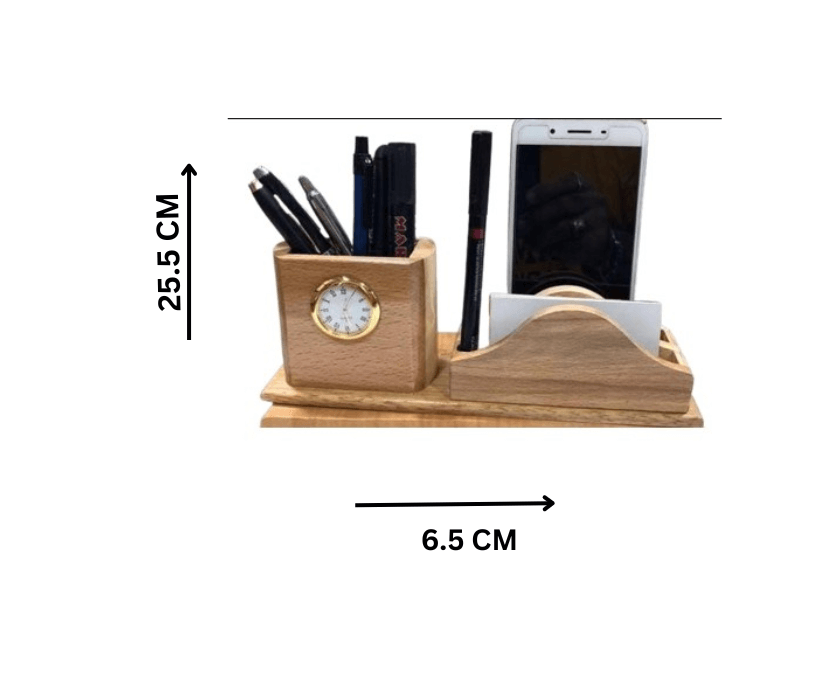 Wooden pen stand with clock and card holder for office