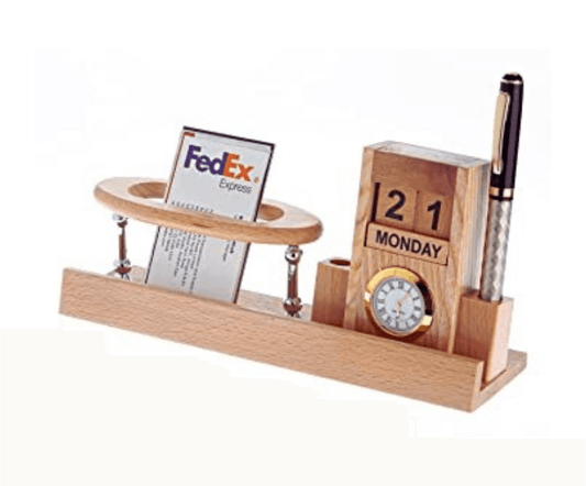 Wooden pen holder with watch visiting card mobile holder