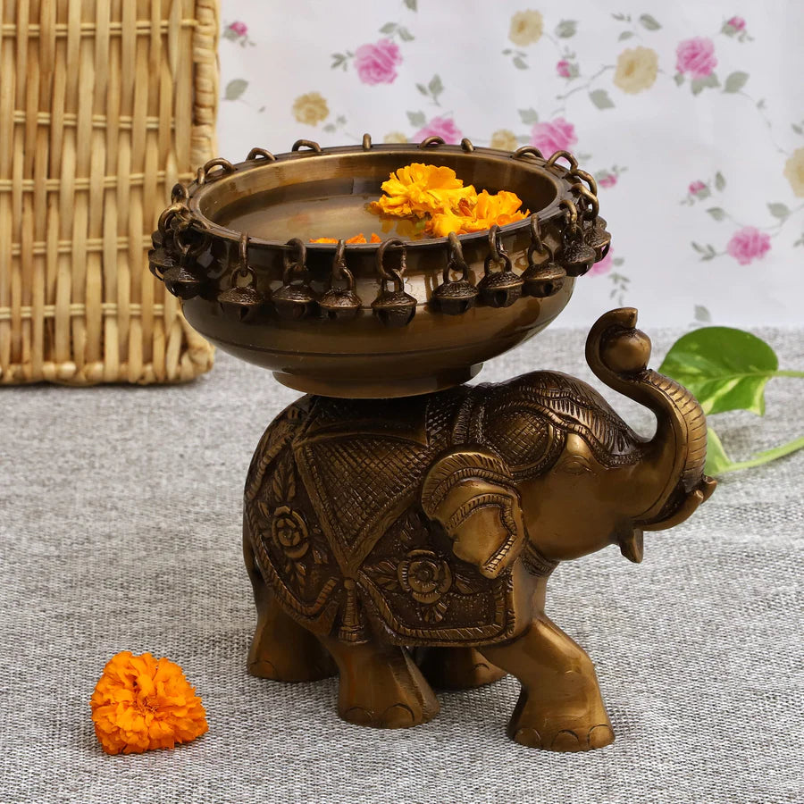 Art Brass Elephant Urli Dark
